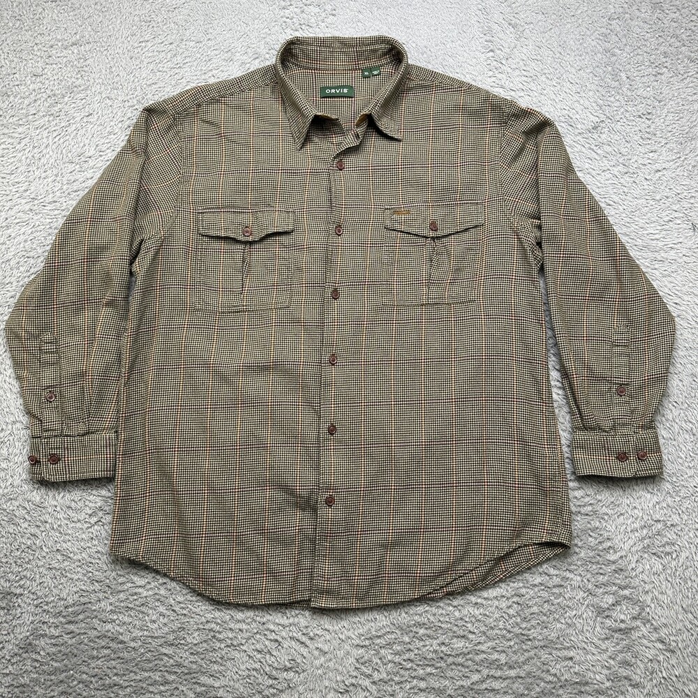 Orvis Shirt Mens XL Brown Plaid Button-Down Long Sleeve Chest Pockets 100%